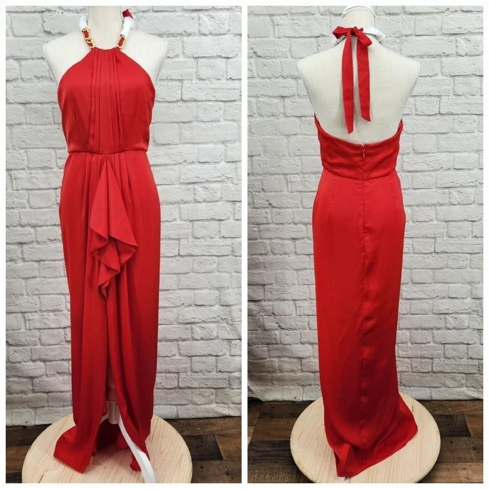 BCBG Milania Chain Link Red Berry Halter Maxi Dress Size 4
